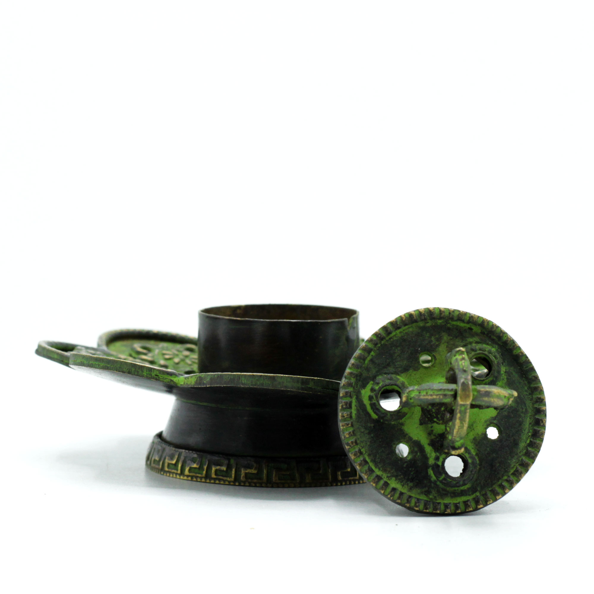 Brass Verdigris Tibetan Cone & Incense Holder - Symbols Pot